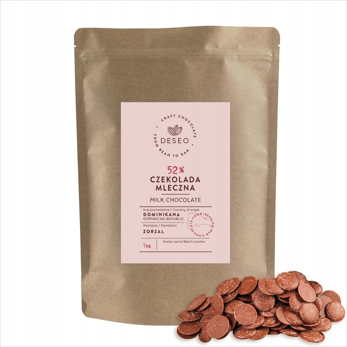 CZEKOLADA MLECZNA DESEO 1KG DOMINIKANA 52% DROPSY CZEKOLADOWE POLEWA