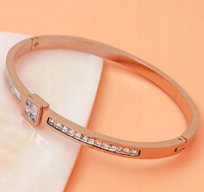 Bransoletka Różowe Złoto Masa Perłowa Cyrkonie Stal Szlachetna Sztywna