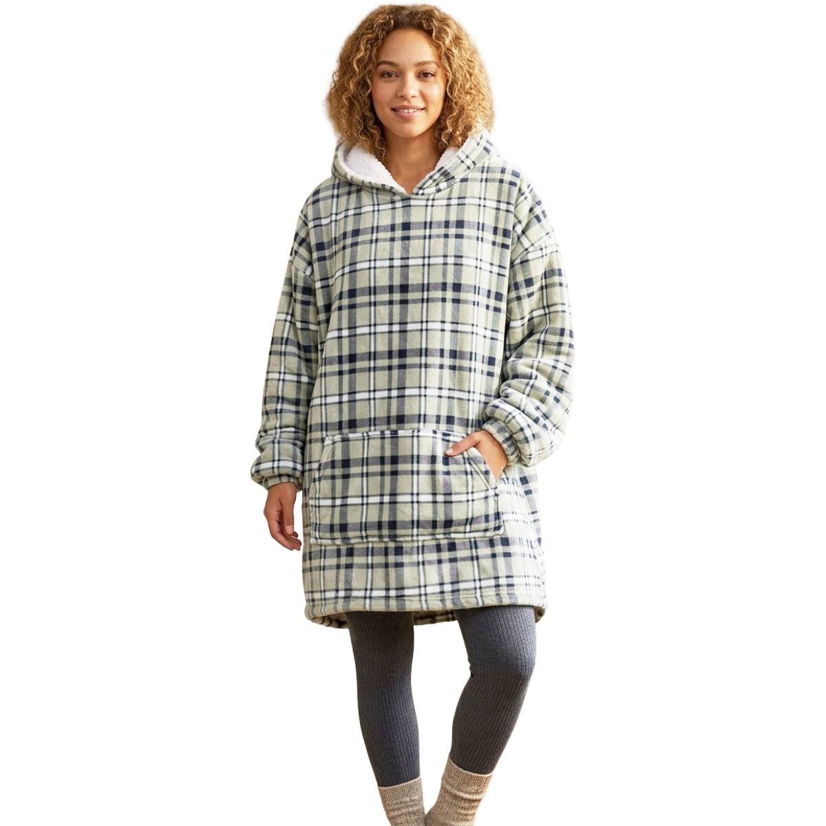 Koc Bluza Gruba Kocobluza Oversize z Kapturem Ciepła Miękka Szara w Kratkę