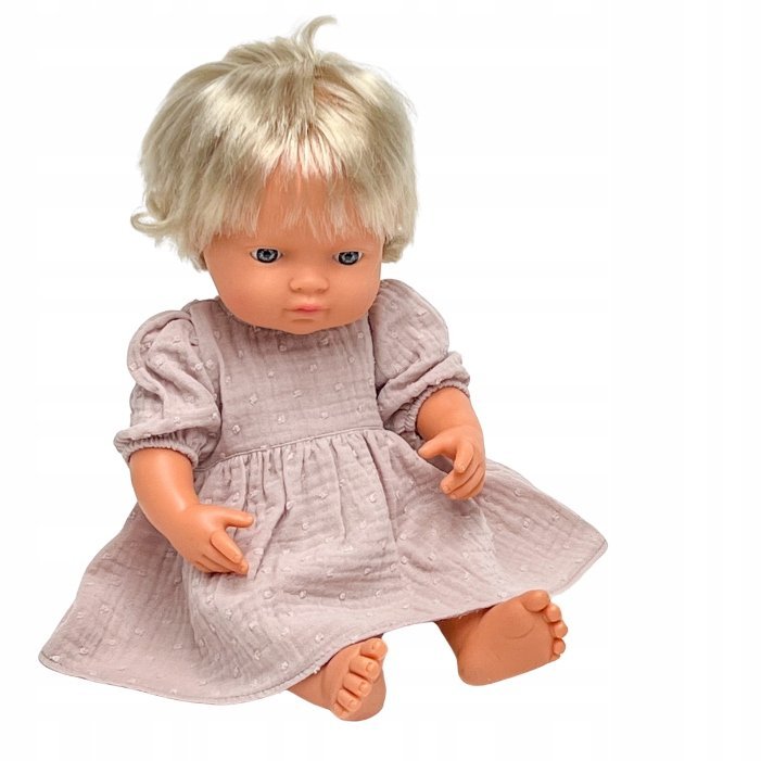Sukienka muślinowa dla lalki Miniland 38 cm, Minikane 34 cm, Paola Reina Gordis 34 cm, pudrowy róż muślin plumeti
