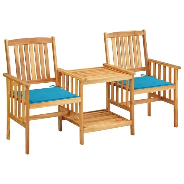 Zestaw Mebli Bistro z Drewna Akacjowego z Poduszkami Niebieskimi 159x61x92