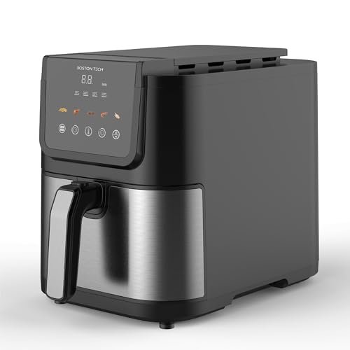Boston Tech Master Fryer frytkownica powietrzna 5 l, 1500 W, 5 programów, wyświetlacz LED, sterowanie dotykowe, regulowana temperatura, nieprzywierający kosz, timer, w zestawie z recepturą, stal