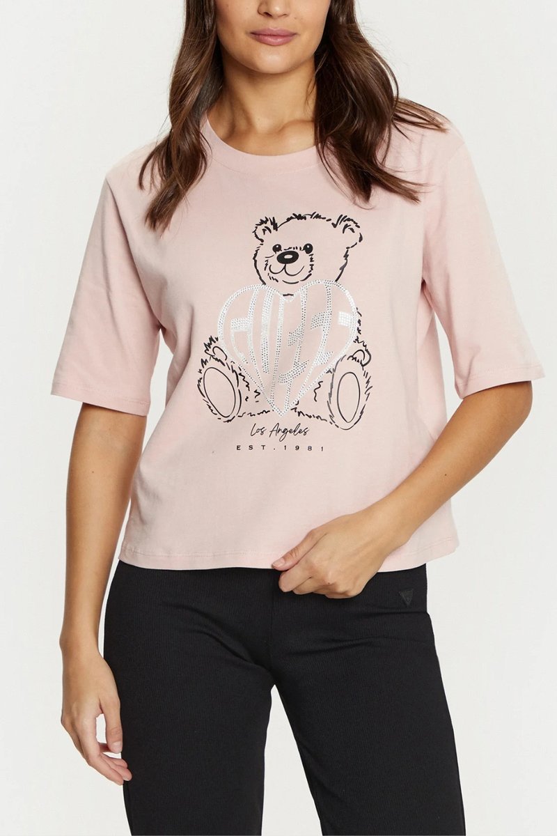 GUESS Różowy t-shirt damski Bear Boxy L
