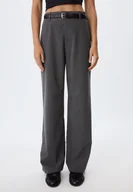 Spodnie damskie - Stradivarius Luźne proste spodnie eleganckie z paskiem Popielaty 42 - miniaturka - grafika 1