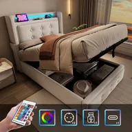 Łóżka - Łóżko tapicerowane 90x200 z zagłówkiem LED, port USB-C, rama hydrauliczna, drewniano-metalowy stelaż, udźwig 150 kg, beżowy, bez materaca - miniaturka - grafika 1