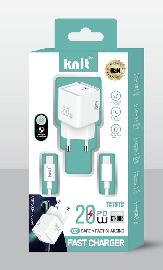 Szybka ładowarka KNIT KT-005 Kostka + Kabel Type-C - Type-C SUPER JAKOŚĆ!
