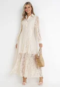 Sukienki - Beżowa Koronkowa Sukienka Maxi z Ozdobnym Kołnierzem z Cyrkoniami Abena - miniaturka - grafika 1