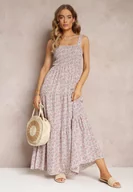 Sukienki - Jasnobeżowa Rozkloszowana Sukienka w Kwiaty na Ramiączkach Malaisia - miniaturka - grafika 1