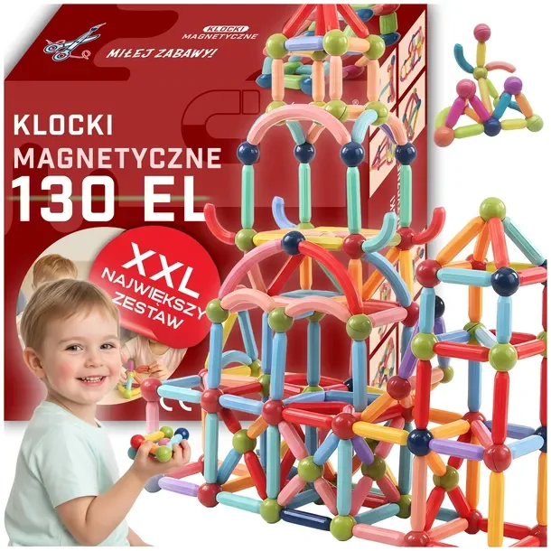 DUŻE KLOCKI MAGNETYCZNE 3D 130 elem konstrukcyjne układanka dla dzieci XXL