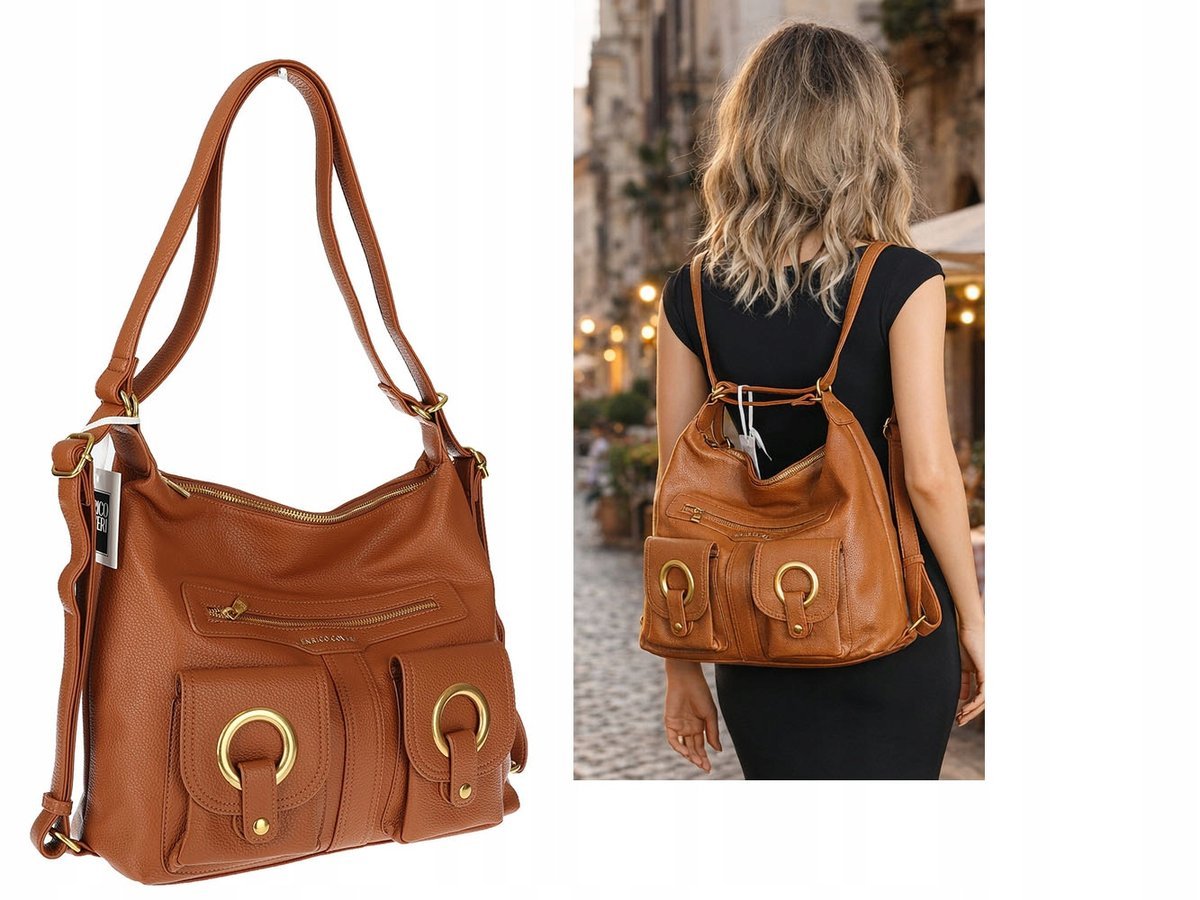 Torebka Damska Shopper Plecak Miejska 2w1 Worek na Ramię EC3165 Brązowa