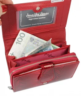 Portfel Damski Skórzany JENNIFER JONES Skóra Licowa Duży Z Suwakiem Czerwony Lakierowany Wzór JJ5261-2 15,5 x 10 x 4 [cm] - Portfele - miniaturka - grafika 9