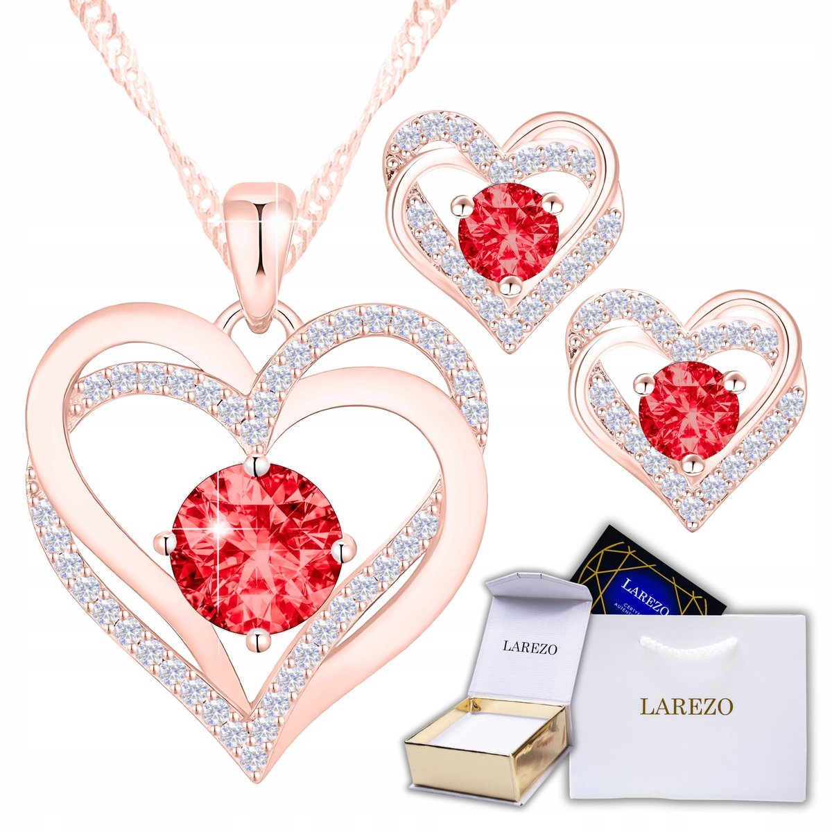 Pozłacany Zestaw Naszyjnik i Kolczyki Srebrne 925 Czerwone Oczka Serca 18K