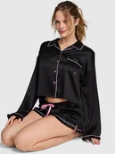 Bluzki damskie - Satynowy komplet piżamowy: bluzka z długim rękawem i szorty - miniaturka - grafika 1