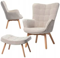 Fotele - Fotel z podnóżkiem uszak Grella Beige do salonu skandynawski glamour beż - miniaturka - grafika 1