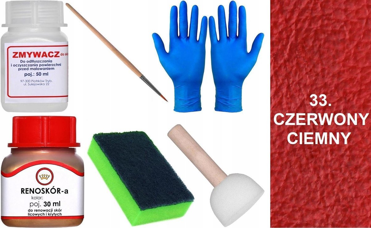 CZERWONY CIEMNY 33 Renoskór ZESTAW DO RENOWACJI SKÓRY LICOWEJ Farba Zmywacz