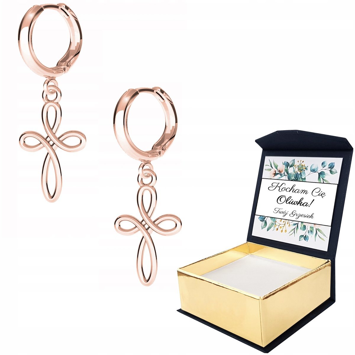 Kolczyki różowe złoto Ażur Krzyż + WŁASNY NADRUK