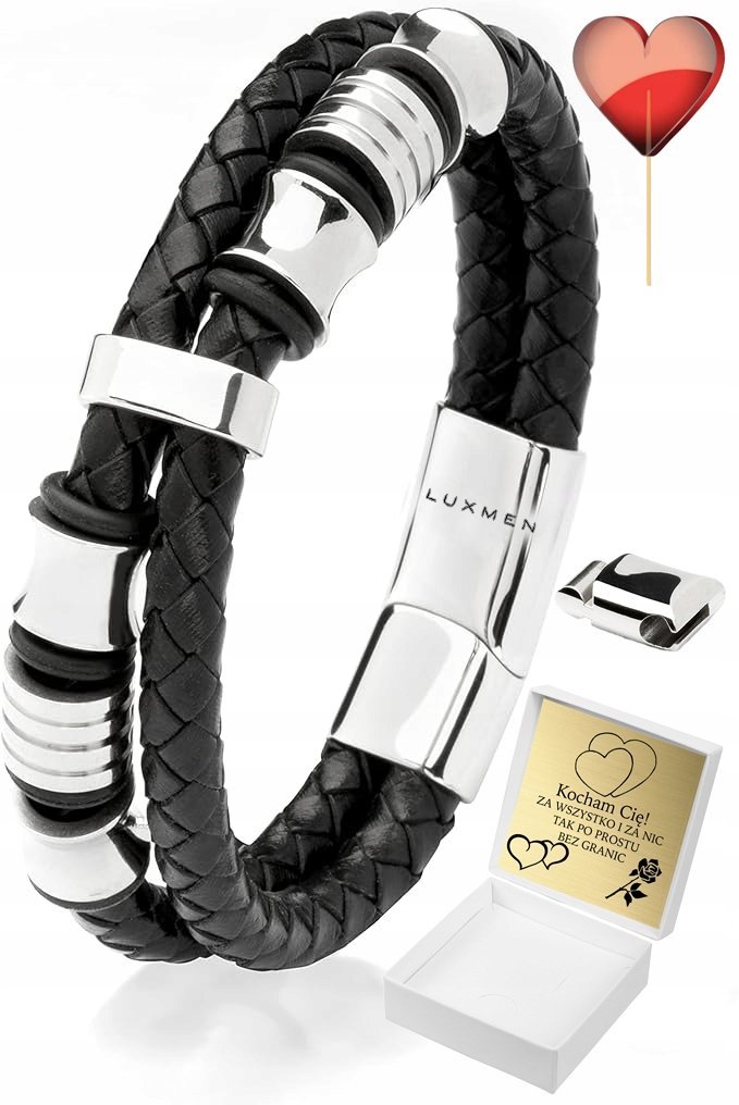 Bransoletka Męska Skórzana Srebrna Stal Regulowana Mocna Z Grawerem Skóra