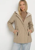 Kurtki damskie - Ciemnobeżowa Kurtka Parka z Kapturem z Ozdobną Wyściółką Tiolara - miniaturka - grafika 1