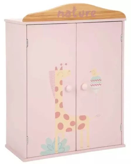 Malys Group Arias drewniana szafa na ubrania dla lalek z wieszakami różowa z zwierzętami dla dzieci