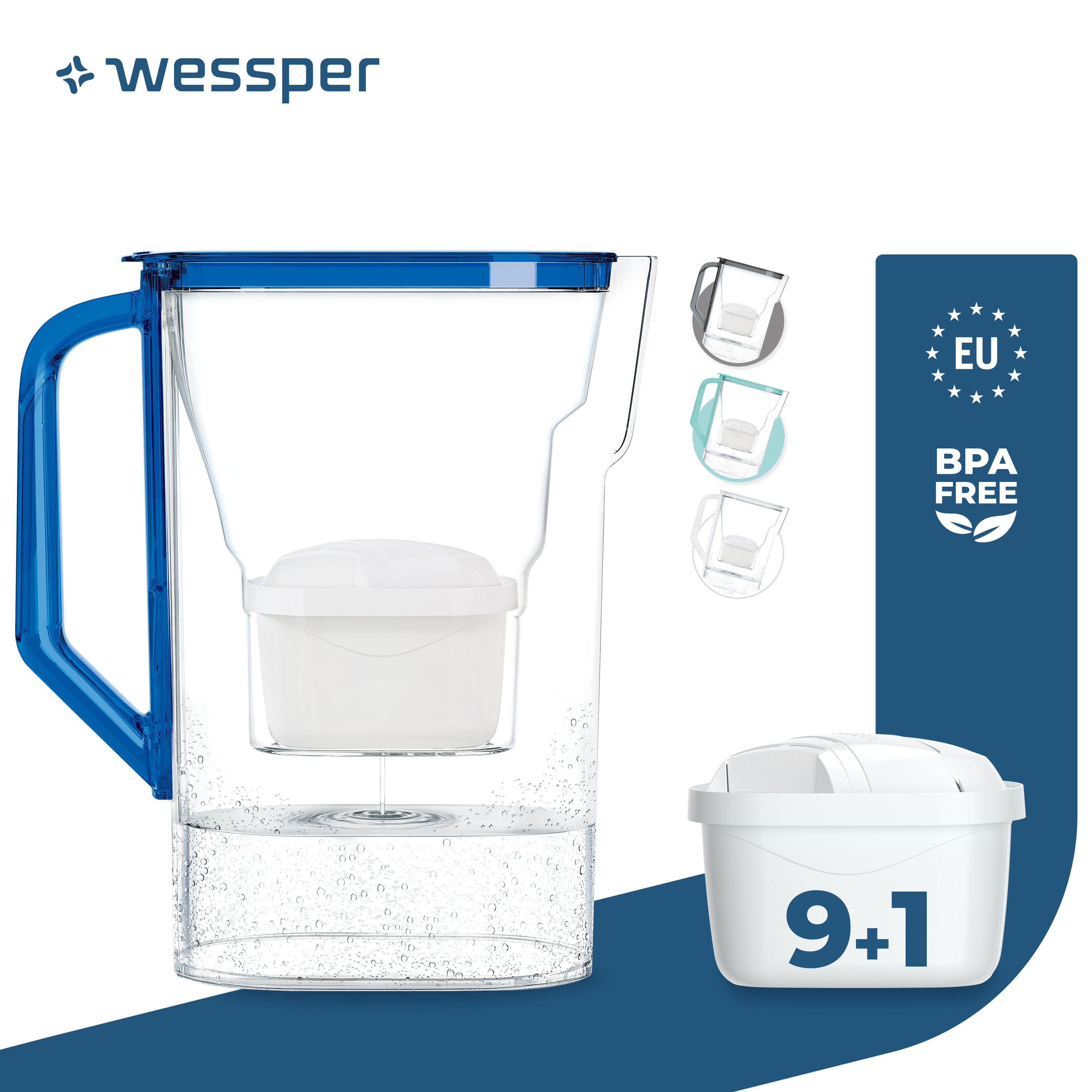 Dzbanek filtrujący wodę Wessper 2,7 l na drzwi lodówki, z filtrem z węglem aktywnym, kompatybilny z wkładem filtrującym Brita Maxtra 10x - niebieski