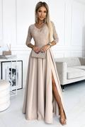 Sukienki - Jacqueline koronkowa elegancka długa suknia z dekoltem i rozcięciem na nogę - BEŻOWA - miniaturka - grafika 1