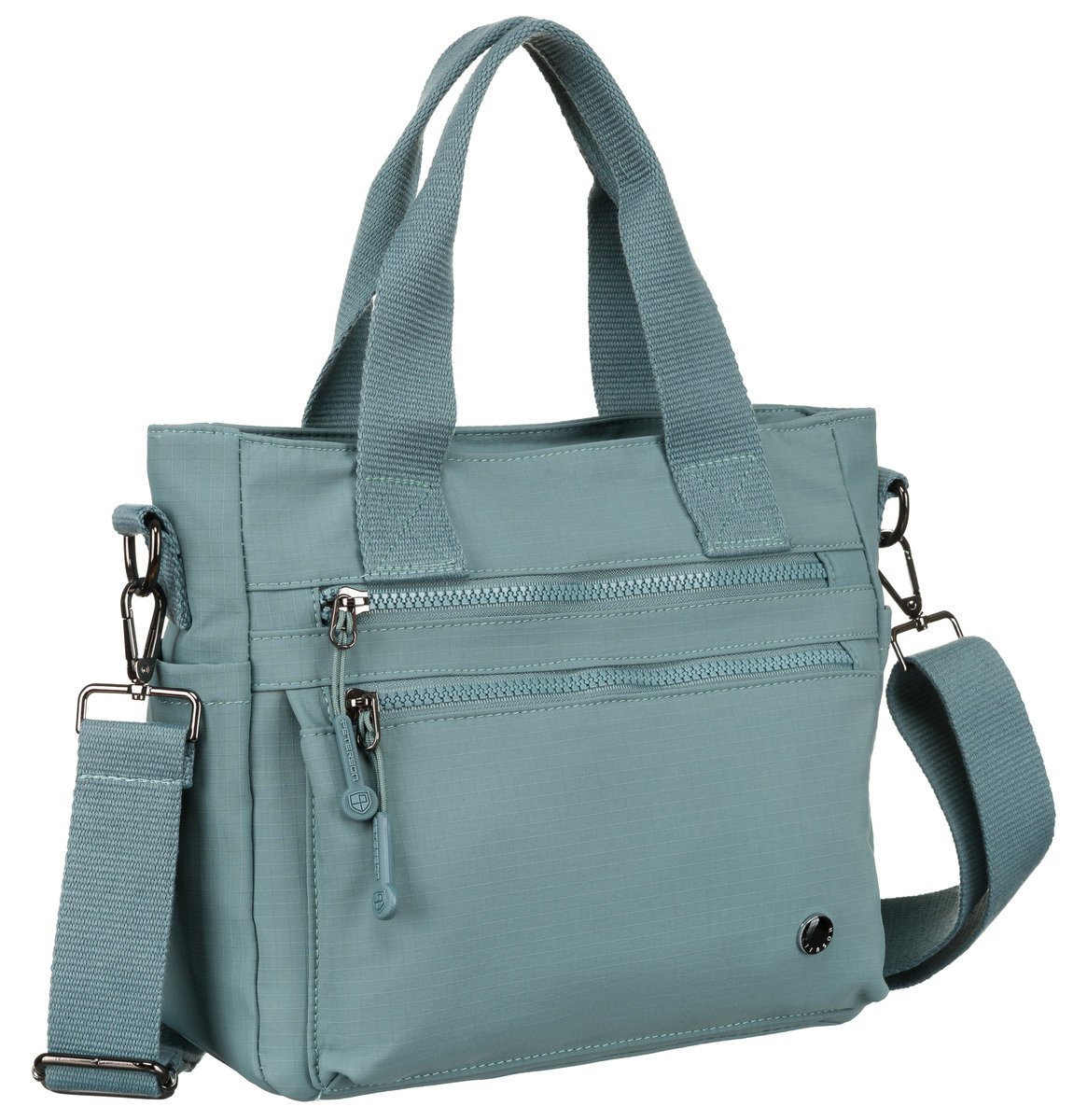 Miejska torebka damska z poliestru PETERSON niebieska shopperka mała do ręki lub na ramię kieszonki na suwak i otwarte miejsce na telefon odpinany p..