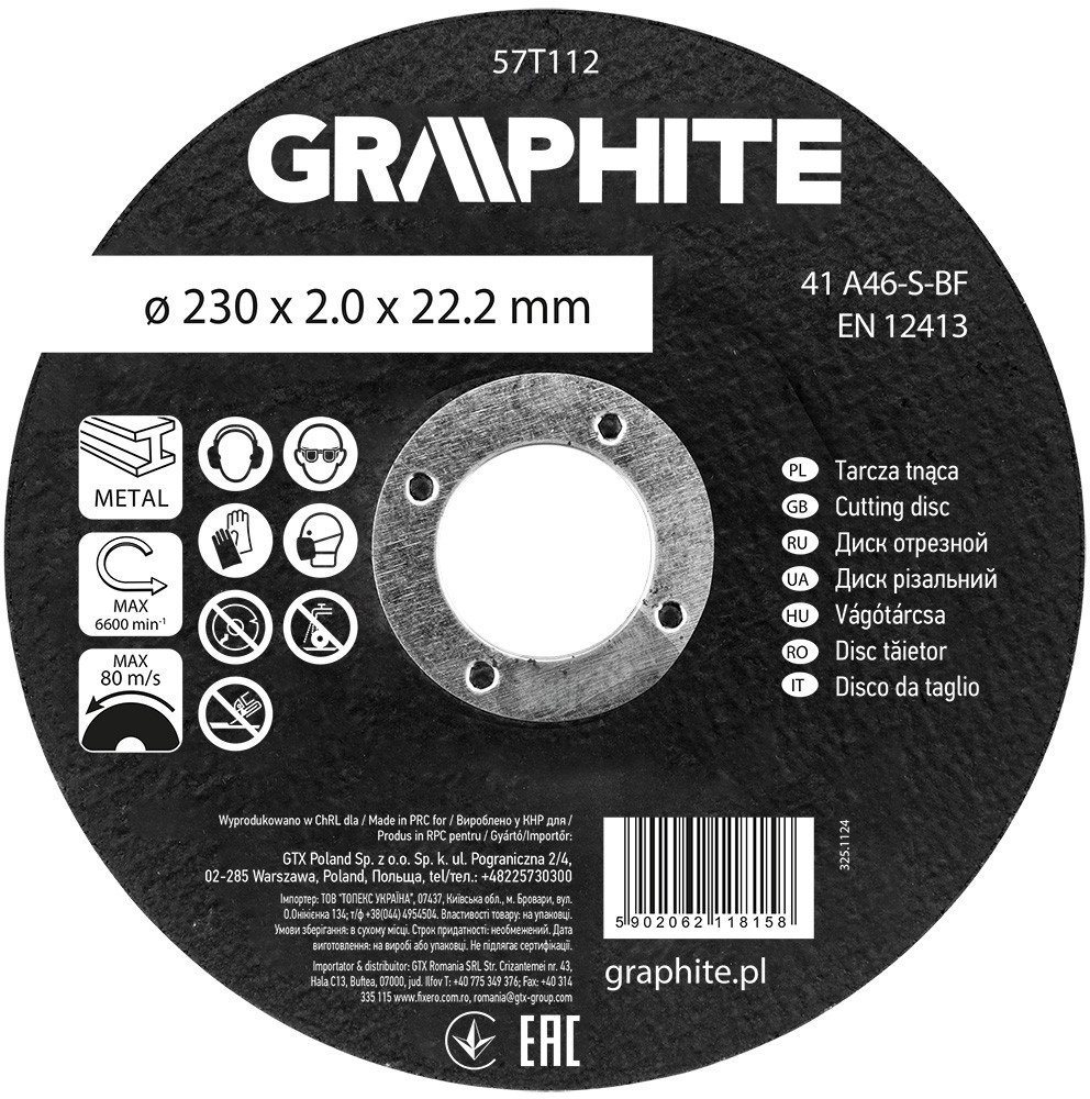 Graphite Tarcza tnąca, korundowa do metalu 230 x 2.0 x 22.2 mm, 41 A46-S-BF