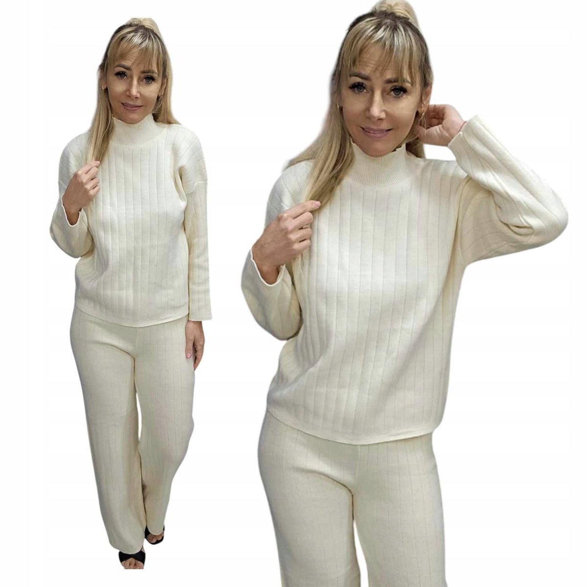 ELEGANCKI KOMPLET SWETERKOWY PRĄŻEK wygodny na co dzień ciepły 42 44 XL 2XL