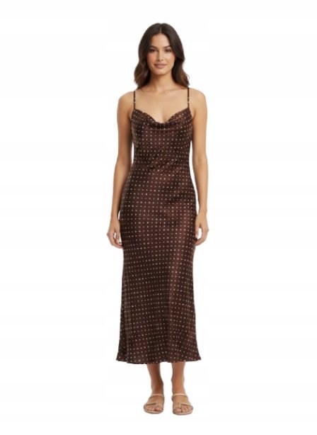 GUESS SUKIENKA BRĄZOWA W GROCHY NA RAMIĄCZKACH SATYNOWA M GXB