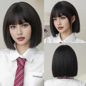 Pozostałe akcesoria fryzjerskie - TEMU Peruka Syntetyczna Odporna na Ciepło 7JHH - Gęsta Krótka Prosta Peruka z Grzywką dla Kobiet, 150% Objętości, Czarna, Rozmiar 12.59 Cali, - miniaturka - grafika 1