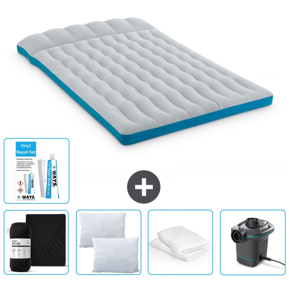 Mata kempingowa Intex - 2 osoby - 127 x 193 x 24 cm - niebieska - w zestawie prześcieradło - buziak - pompka - zestaw naprawczy en ochraniacz na poduszkę