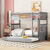 Łóżka dla dzieci i młodzieży - Łóżko piętrowe Merax 90x200 cm z wysuwanym łóżkiem i drabinką, wysuwane łóżko dziecięce z zabezpieczeniem przed wypadnięciem i stelażem z listew, łóżko młodzieżowe z litego drewna, szare - miniaturka - grafika 1