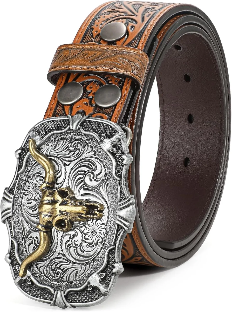 Pasek kowbojski skórzany z klamrą Bullhead brązowy Waist 31-34 in