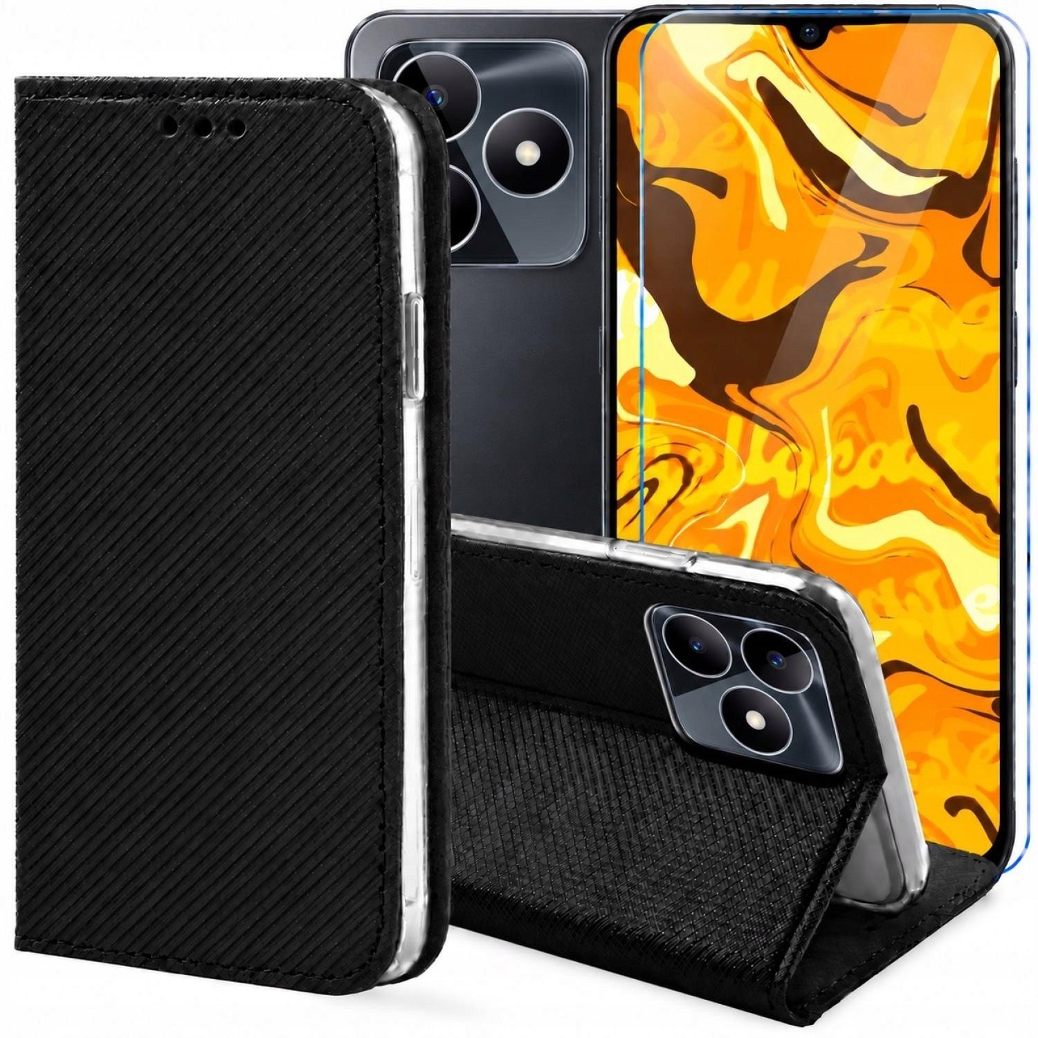 krainaGSM Etui z Klapką Do Realme C51 / C53 4G / Note 50 Czarne, Zamykane Szkło BNDL3359