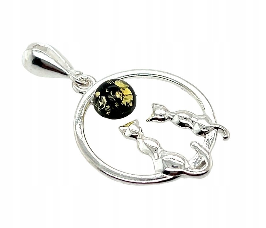 Wisiorek srebrny z bursztynem KOTY ORYGINALNA ZAWIESZKA KOTKI ze srebra