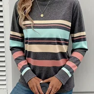 Bluzki damskie - TEMU Damska Casual Oversize Koszulka w Poziome Paski - Pastelowy Róż/Beż/Miętowa Ziel/Turkusowy Niebies - Okrągły Dekolt Długi Rękaw Bluzka, Luźny - miniaturka - grafika 1