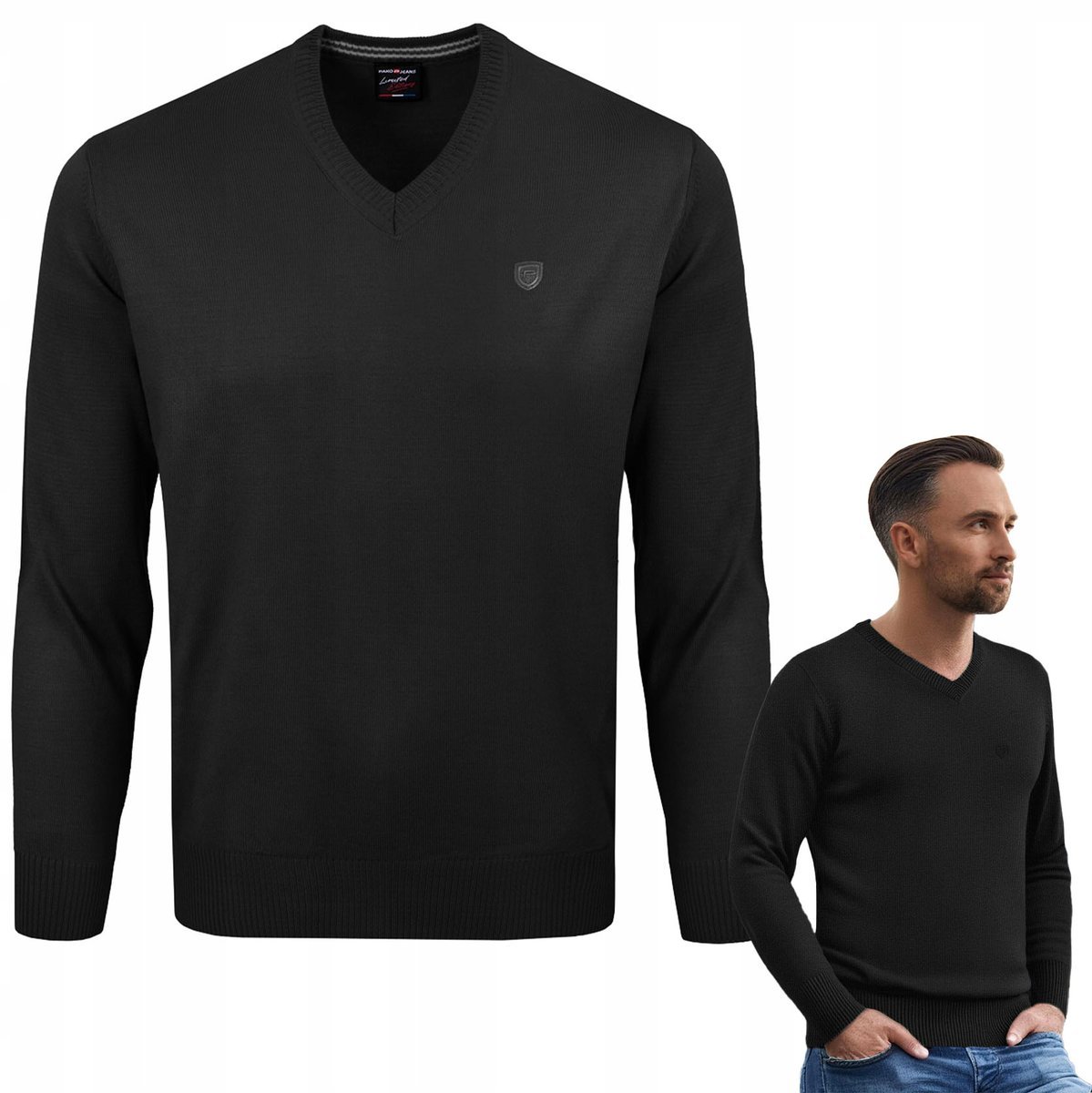 SWETER Męski w Serek Elegancki Gładki CZARNY L Pako Jeans