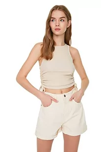 Trendyol Damska odzież wypoczynkowa, dopasowana bodycon, tkana bluzka z okrągłym dekoltem, KAMIEŃ, S - Body - miniaturka - grafika 1
