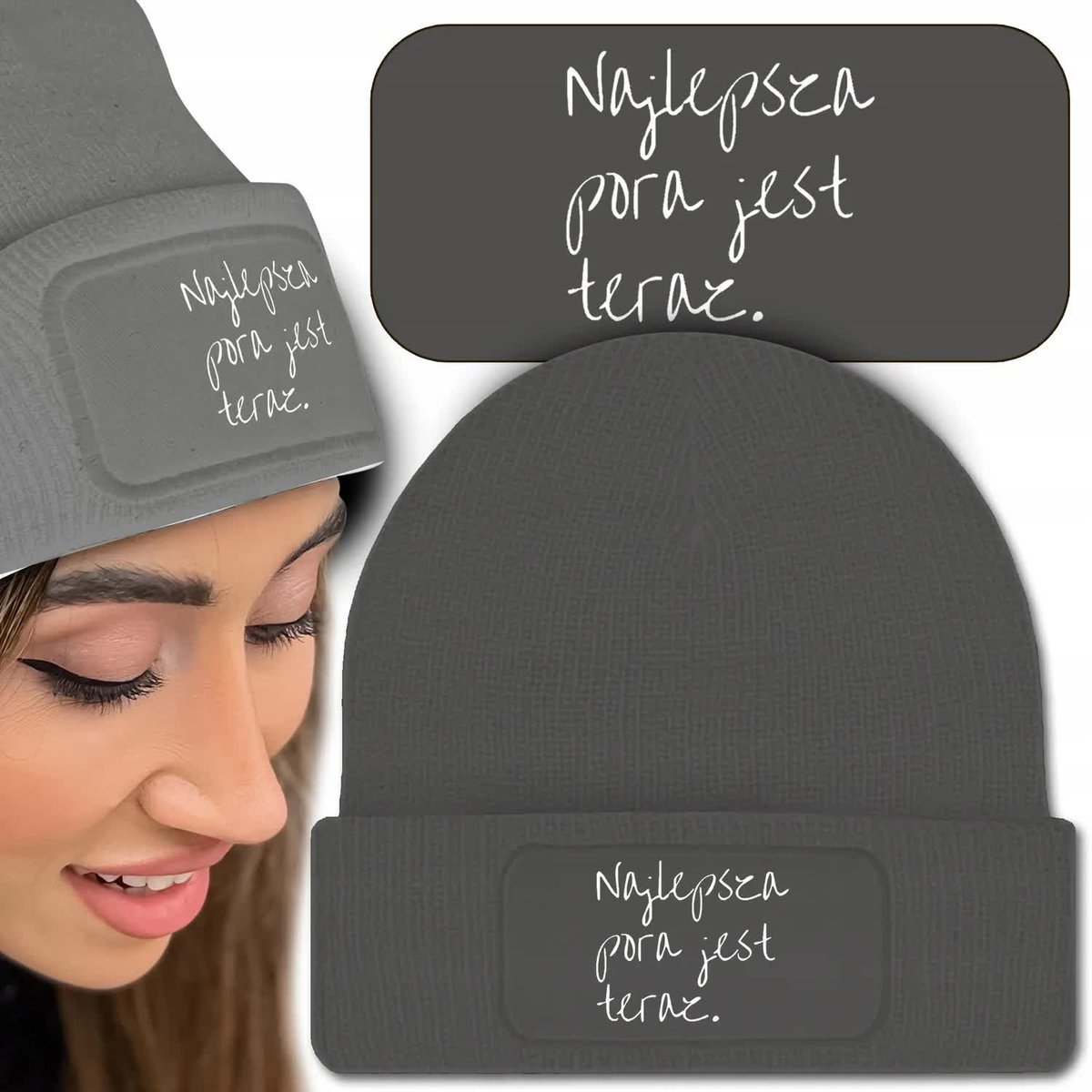 Ciepła Czapka Zimowa Szara Śmieszne Motywacyjne Wz