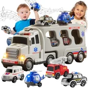 Zabawki interaktywne dla dzieci - WOOPIE LAWETA DROGOWA ZESTAW 5 AUT - AMBULANS - miniaturka - grafika 1