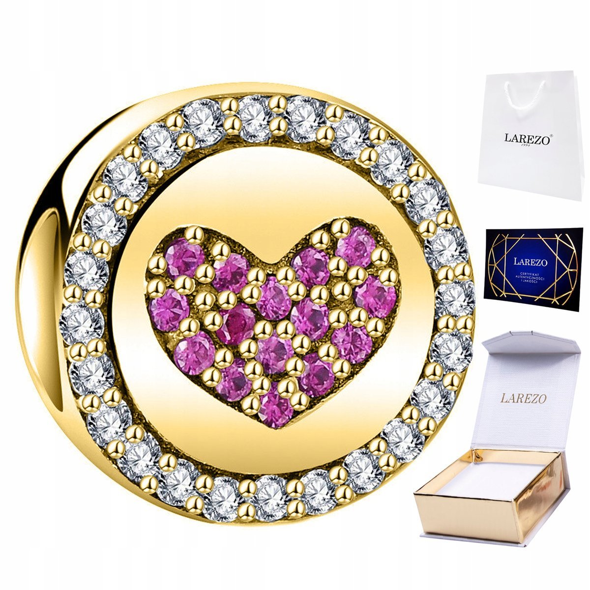 CHARMS ZŁOTY Koralik z Cyrkoniami Różowe Cyrkonie Love Serduszko SREBRO 925