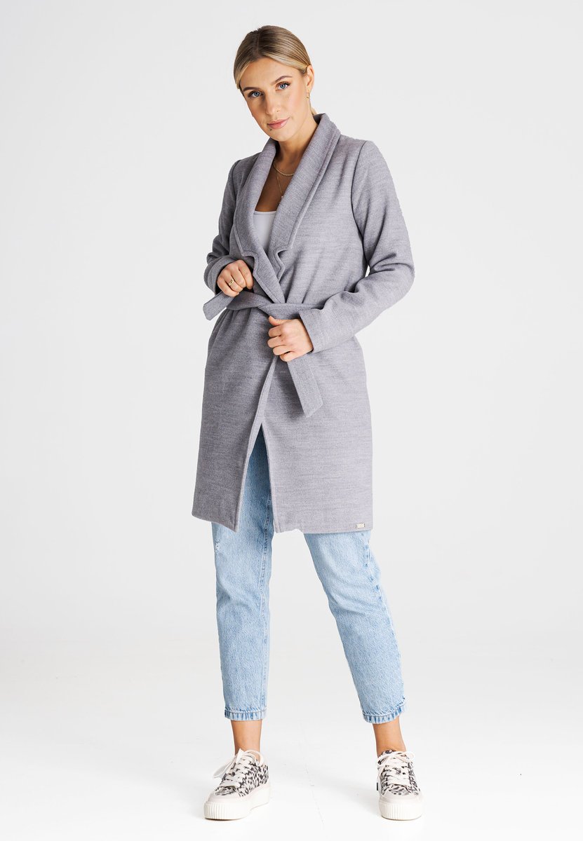 Elegancki płaszcz damski z paskiem midi Regular Fit - M990, szary, M