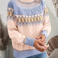 Swetry damskie - TEMU Sweter Elegancki Damski - Pastelowy Róż i Niebieskie Kolorowe Blokowanie, Sweter z Długim Rękawem i Okrągłym Dekoltem na Jesień/Zimę, Biuro, - miniaturka - grafika 1