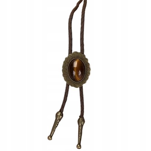 BOLO KRAWAT Kowbojski Western TEXAS rzemyk stare złoto TYGRYSIE OKO KAMIEŃ