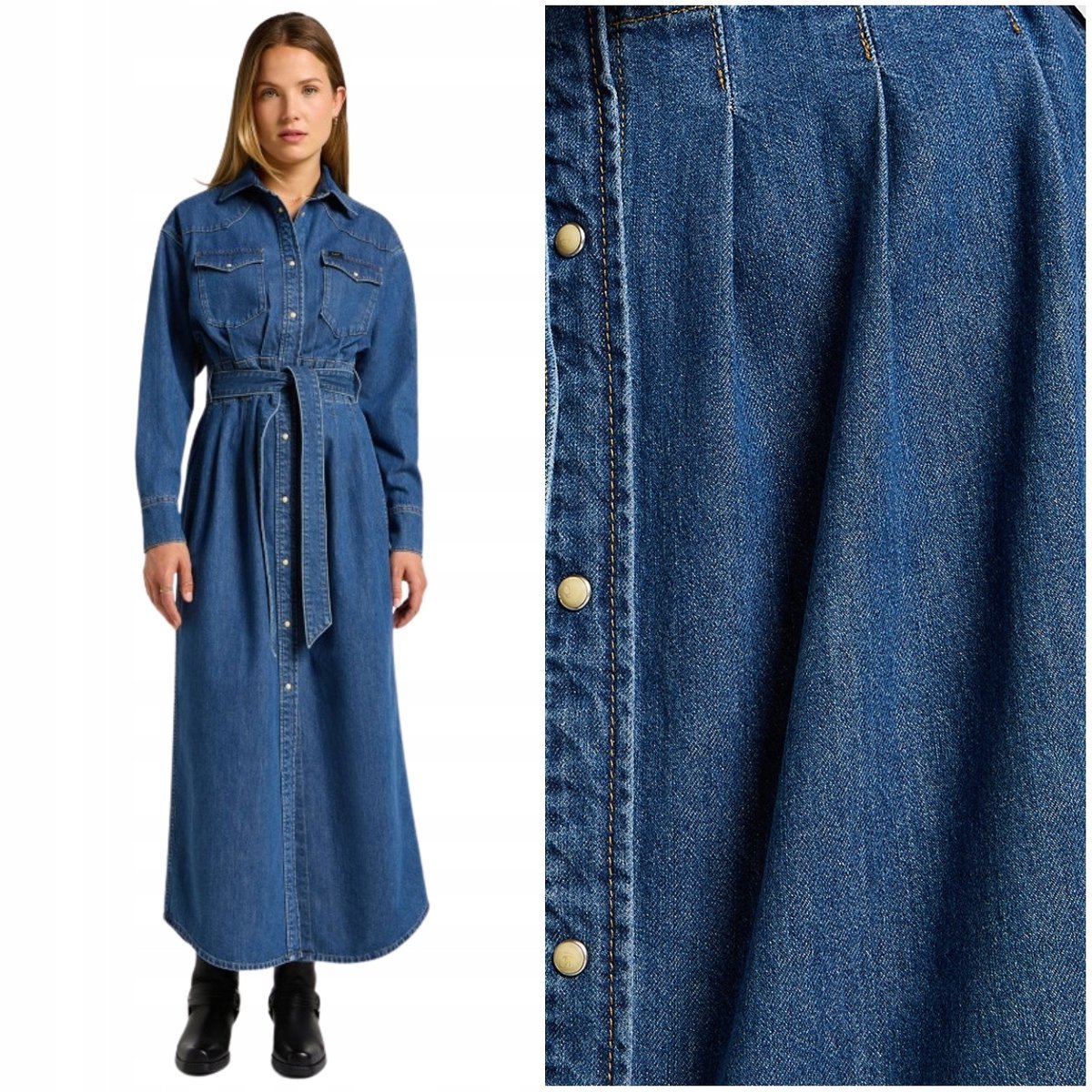 Lee BELTED WESTERN DRESS Blue Fusion bawełniana długa sukienka jeansowa M
