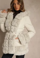 Kurtki damskie - Jasnobeżowa Kurtka o Taliowanym Kroju z Paskiem Kapturem i Futerkiem Ranalia - miniaturka - grafika 1