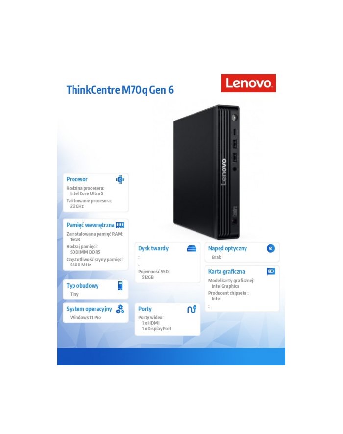 lenovo Komputer ThinkCentre M70q Tiny G6 13A4000FPB W11Pro Ultra 5 235T/16GB/512GB/INT/Black/vPro/3YR OS + 1YR Premier TC