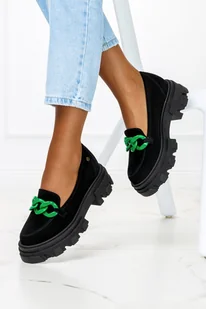 Czarne mokasyny Maciejka na platformie z zielonym łańcuchem POLSKA SKÓRA 2850J-12-00-1 - Mokasyny damskie - miniaturka - grafika 1
