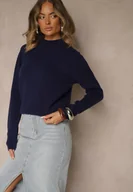 Swetry damskie - Granatowy Gładki Sweter z Półgolfem z Dzianiny z Wełną i Wiskozą Zaiara - miniaturka - grafika 1