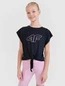 Koszulki dla dziewczynek - 4F Crop-top sportowy regular z nadrukiem dziewczęcy - czarny 146/152 (10-12 lat) - miniaturka - grafika 1